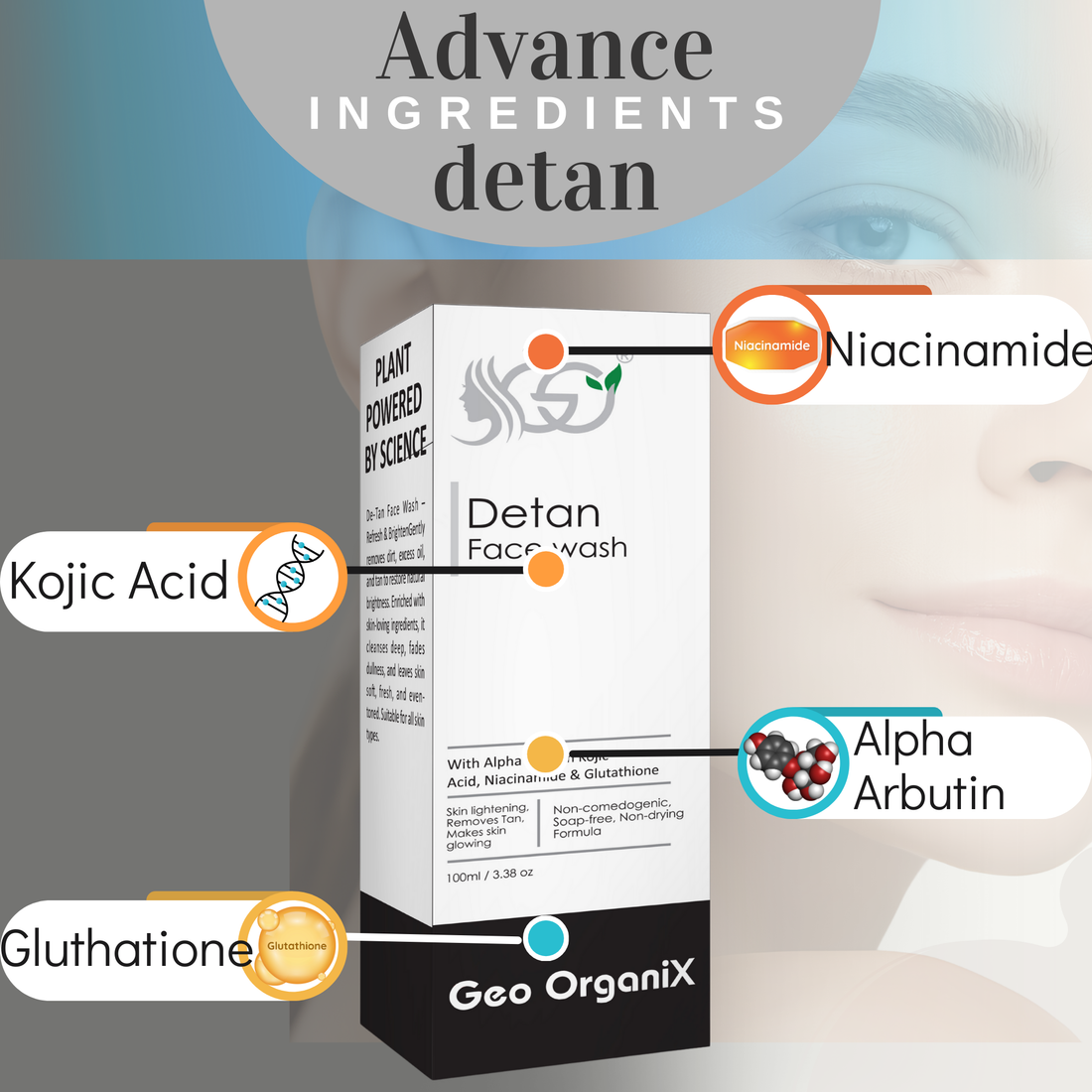 De-Tan Face Wash with Kojic Acid, Niacinamide, Alpha Arbutin & Glutathione