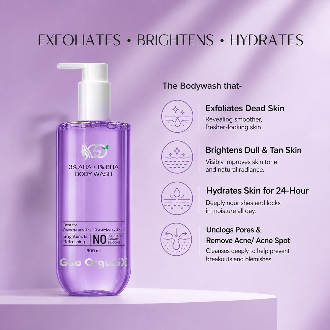 Geo OrganiX Exfoliating Body Wash, 300 ml | 3% AHA, 1% BHA