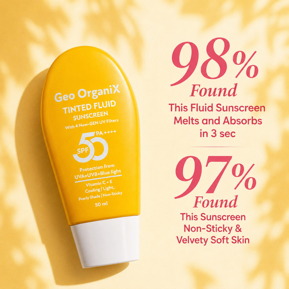Geo OrganiX Tinted Fluid Sunscreen SPF 50 PA++++ for Face | With 4 New-Gen UV Filters | UVA UVB & Blue Light Protection | Lightweight Non-Sticky Daily Sunscreen with Vitamin C & Vitamin E | Suitable for Men & Women | 50 ml