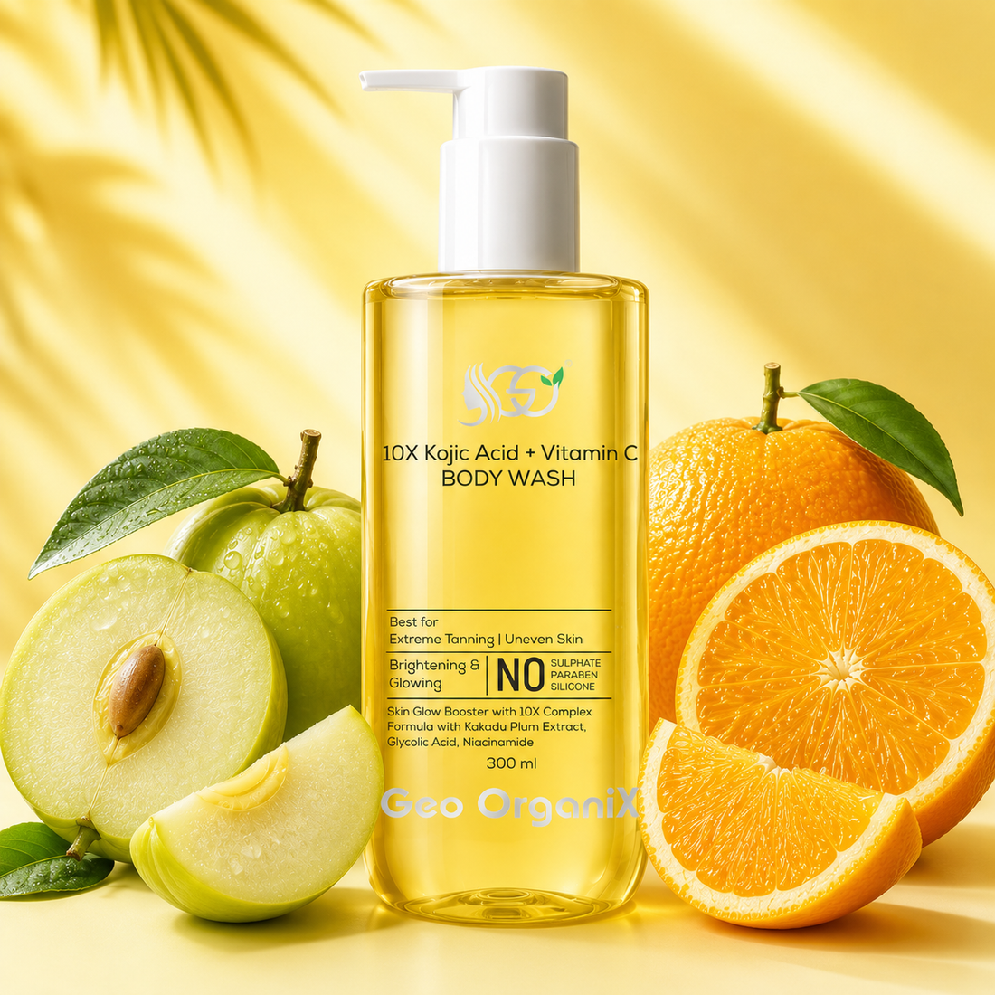 Geo OrganiX 10X Kojic Acid Body Wash with Vitamin C, Glycolic Acid, Niacinamide & Kakadu Plum Extract | Brightening Body Cleanser for Tan Removal, Dark Spots | Paraben Free | Men & Women
